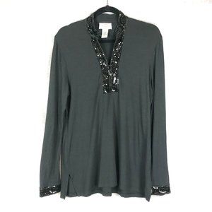 Talbots Tunic Sequin Embellished Neckline & Cuffs Black V-Neck Top Size S